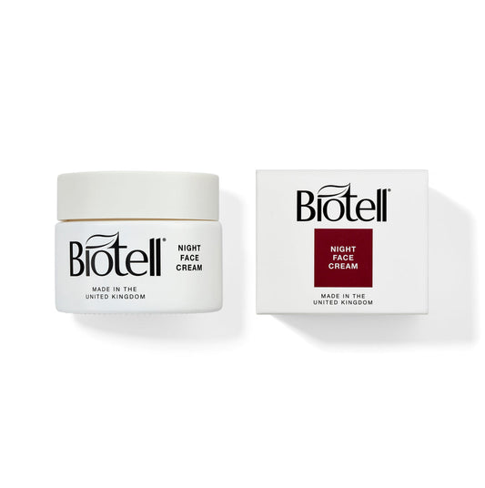 Biotell night face cream jar and box on a white background